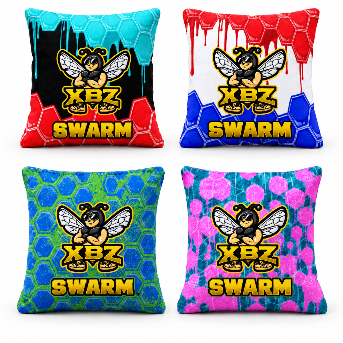 xbz swarm cornhole bags color sets with xbz bee logo, red, white, blue, aqua, red, pink, green