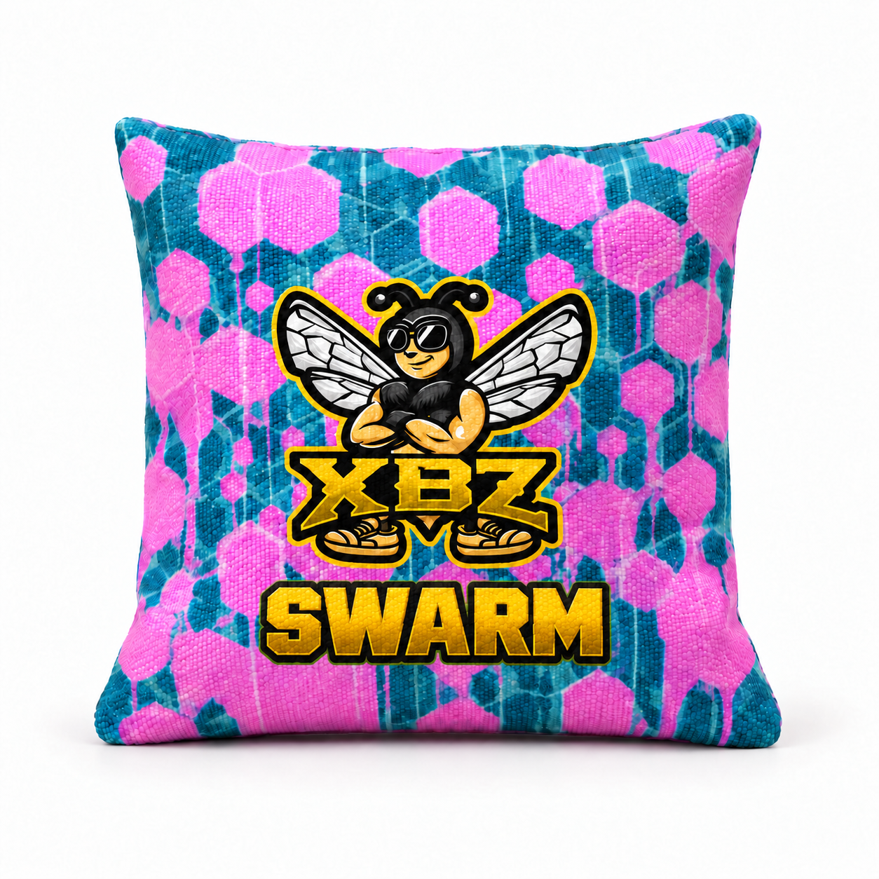 xbz swarm cornhole bag with xbz bee logo, pink and blue