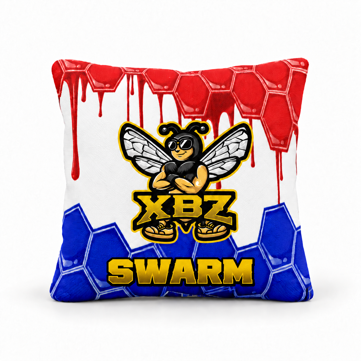 xbz swarm cornhole bag with xbz bee logo, red, white and blue
