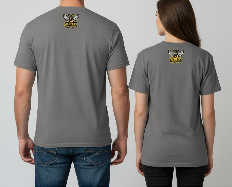 Gray t-shirt with a logo on the back against a white background