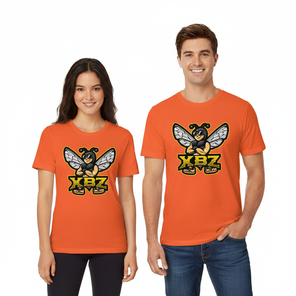 Orange t-shirt with a bee graphic and 'XBZ' letters on a white background