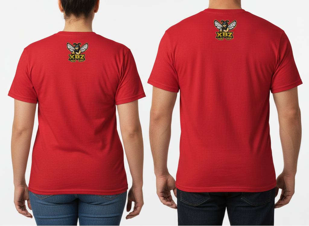 Red t-shirt with a small logo on the back against a white background