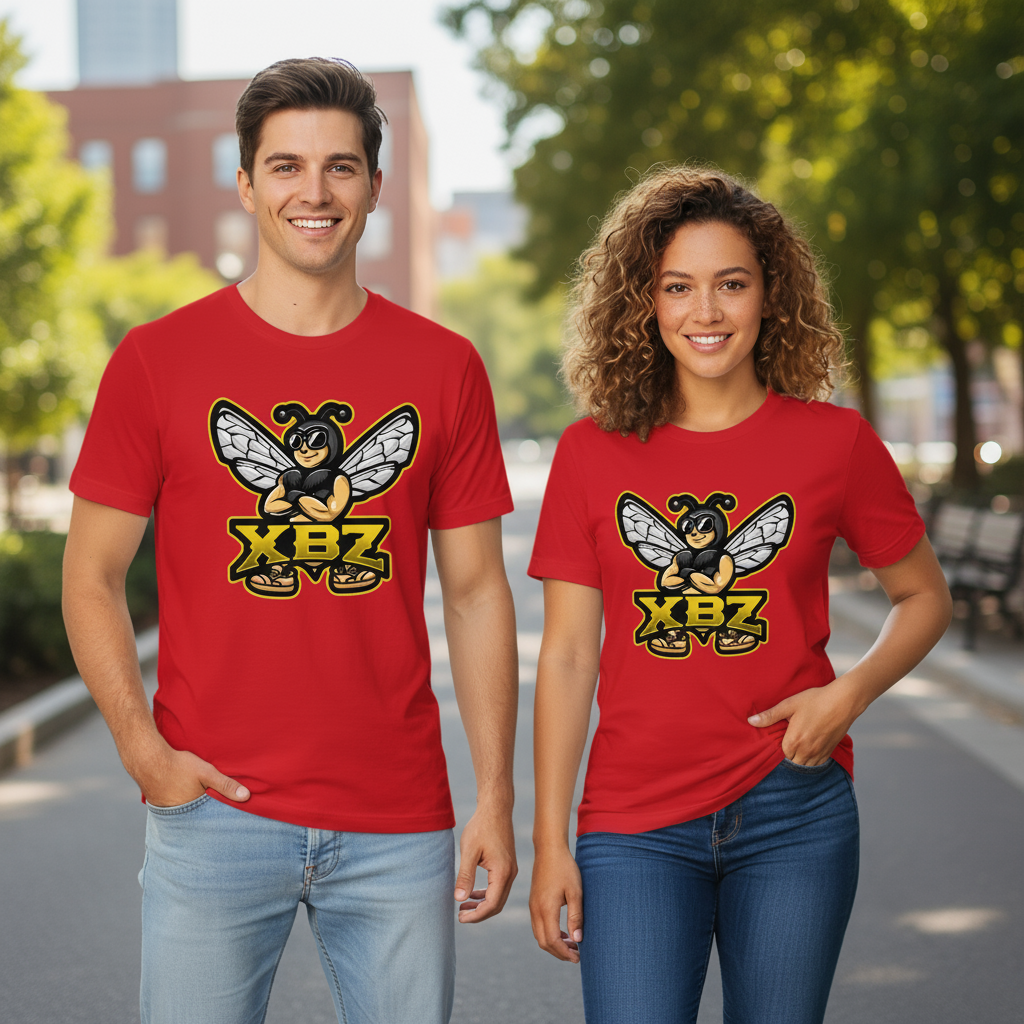 Red t-shirt with a bee logo and 'XBZ' text on a white background