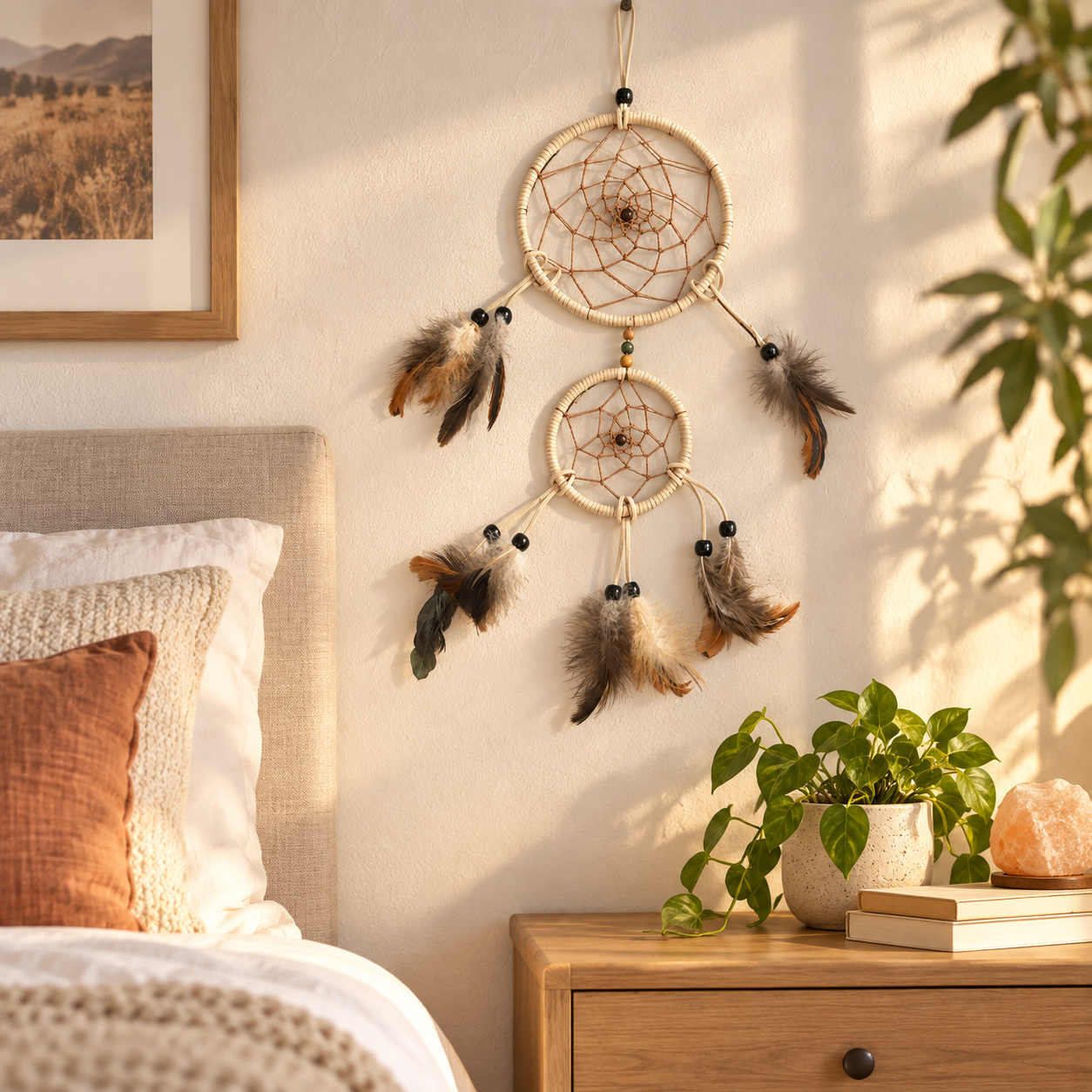 Wild Grace Tan Double-Hoop Dreamcatcher in a bedroom
