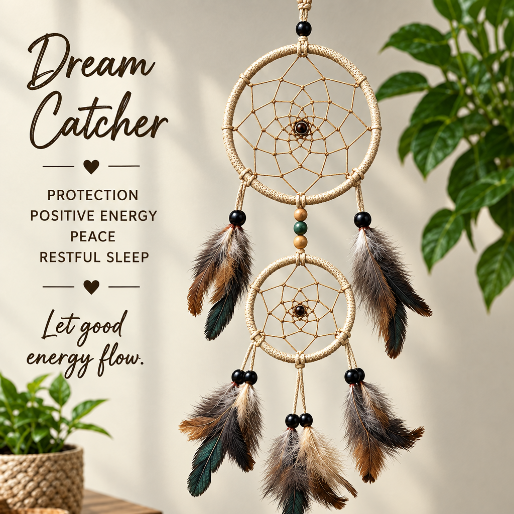 Wild Grace Tan Double-Hoop Dreamcatcher protection. positive energy peace, restful sleep