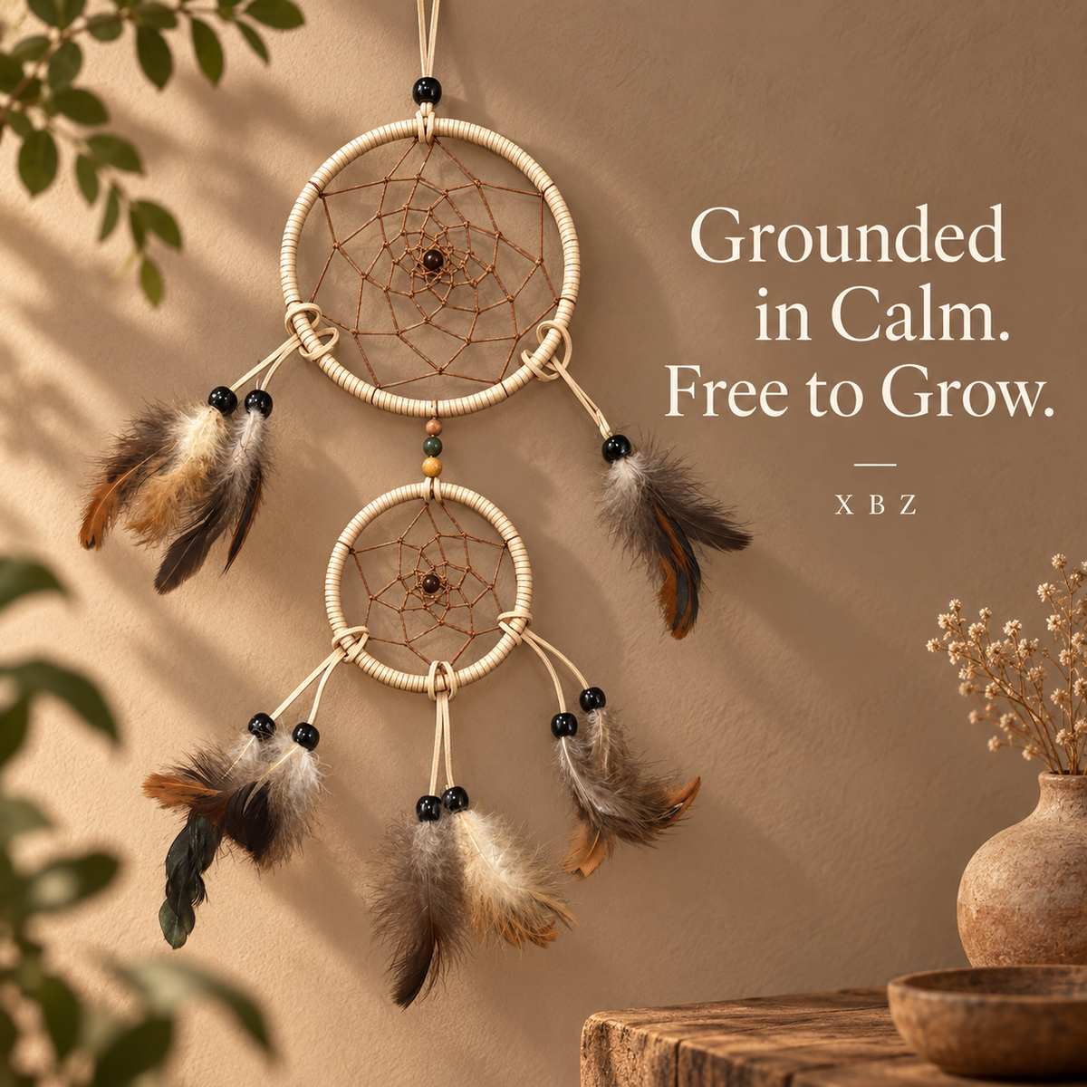 Wild Grace Tan Double-Hoop Dreamcatcher on wall. grounded in calm.  free to grow