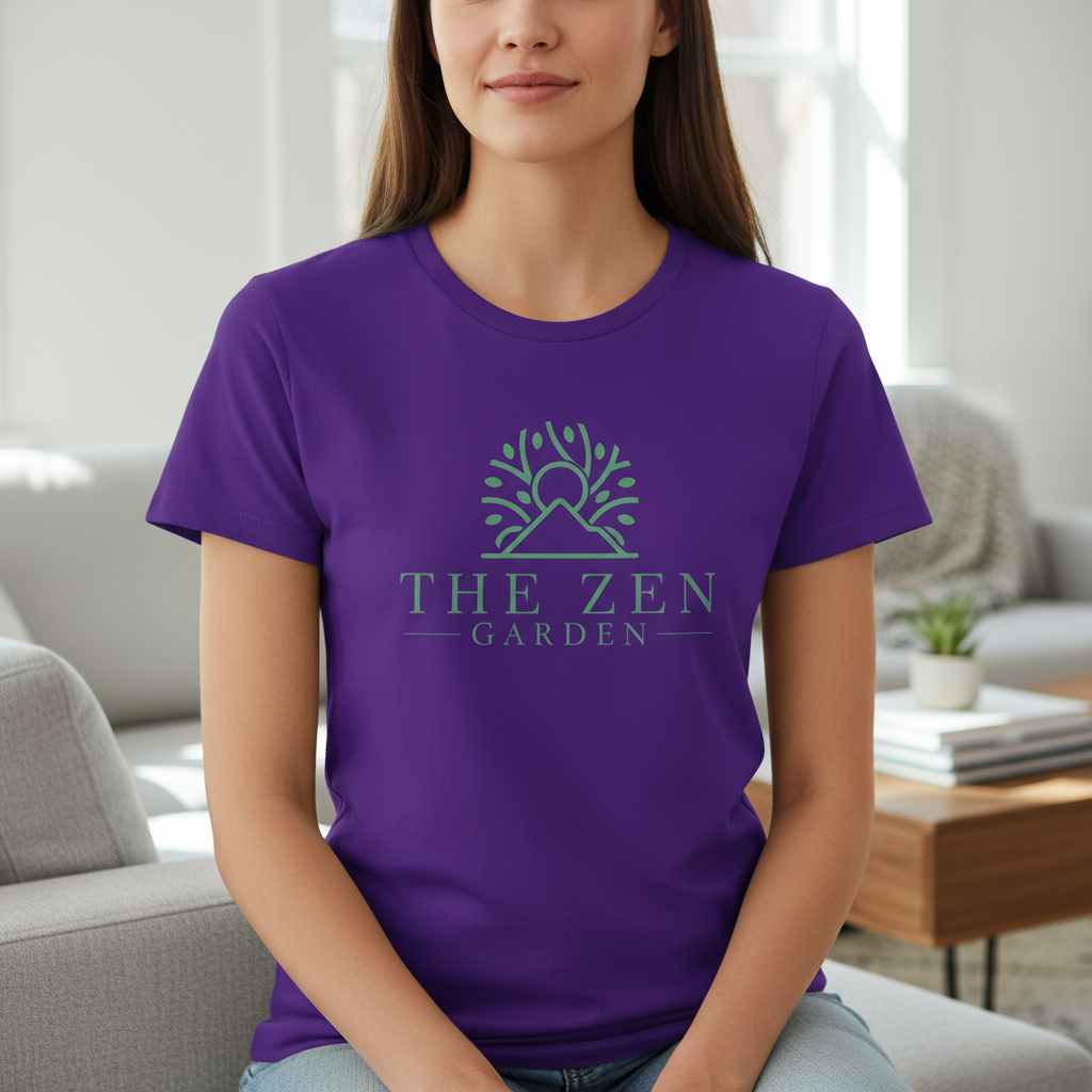 woman wearing Zen Garden purple t-shirt