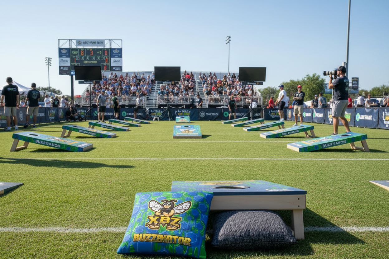 XBZ Buzzinator cornhole bags in drip blue and green