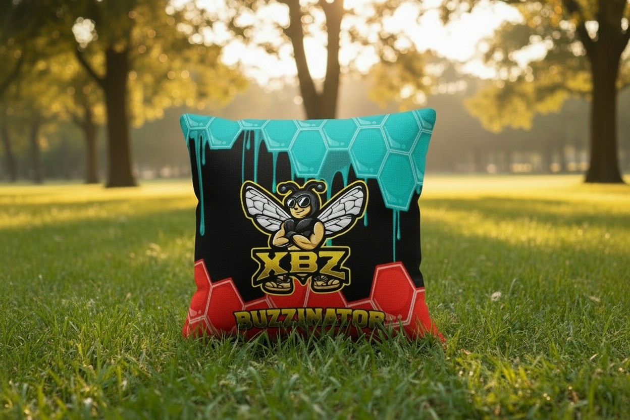 XBZ Buzzinator cornhole bags in hex light blue, black and red