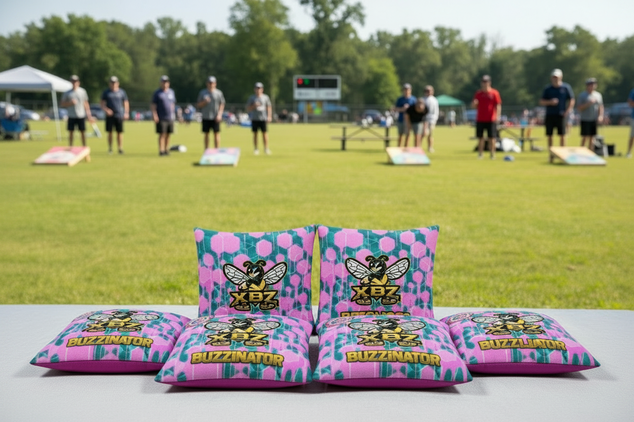 XBZ Buzzinator cornhole bags in drip pink and light blue