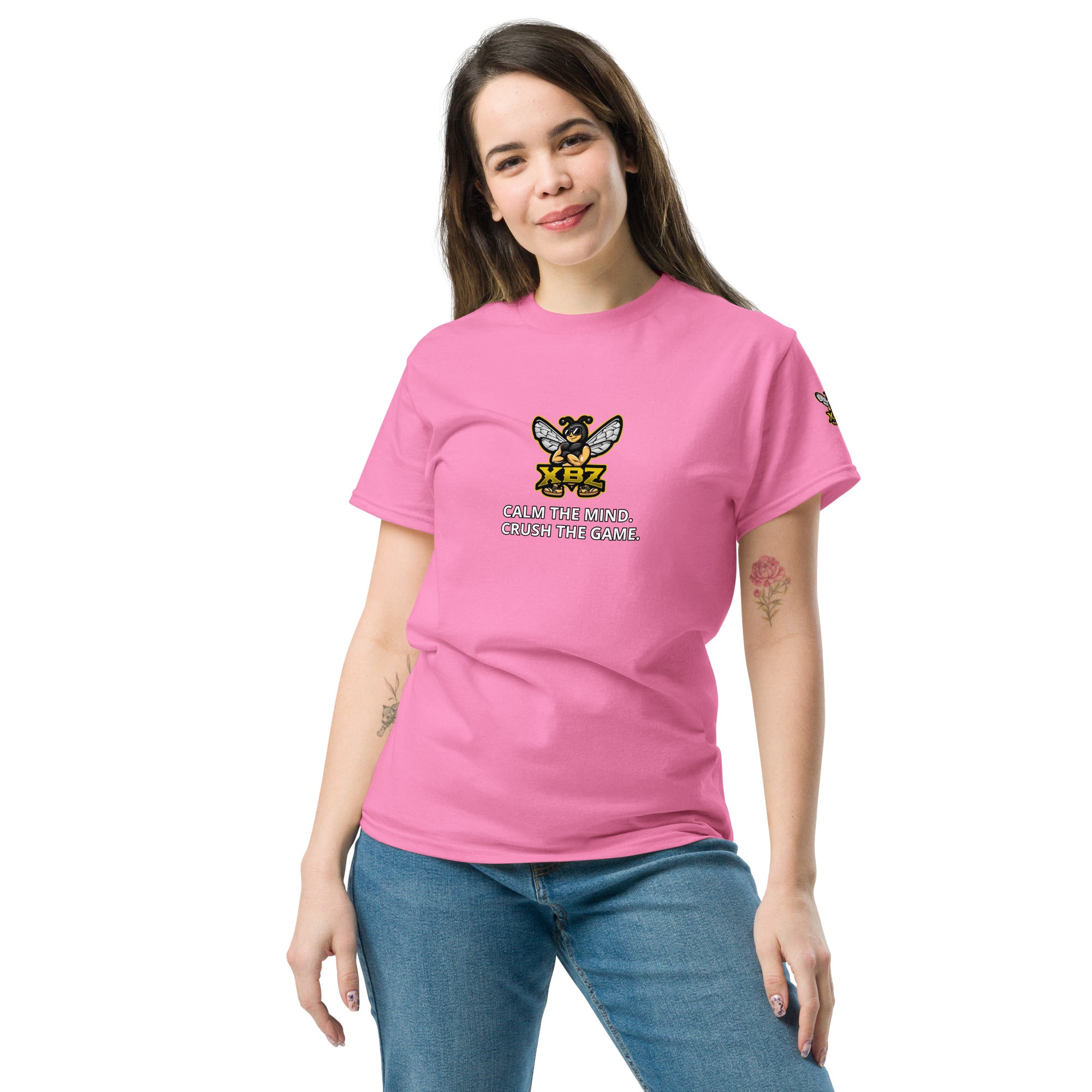 XBZ Calm the Mind. Crush the Game. Tee in azalea pink, front view | XBZ