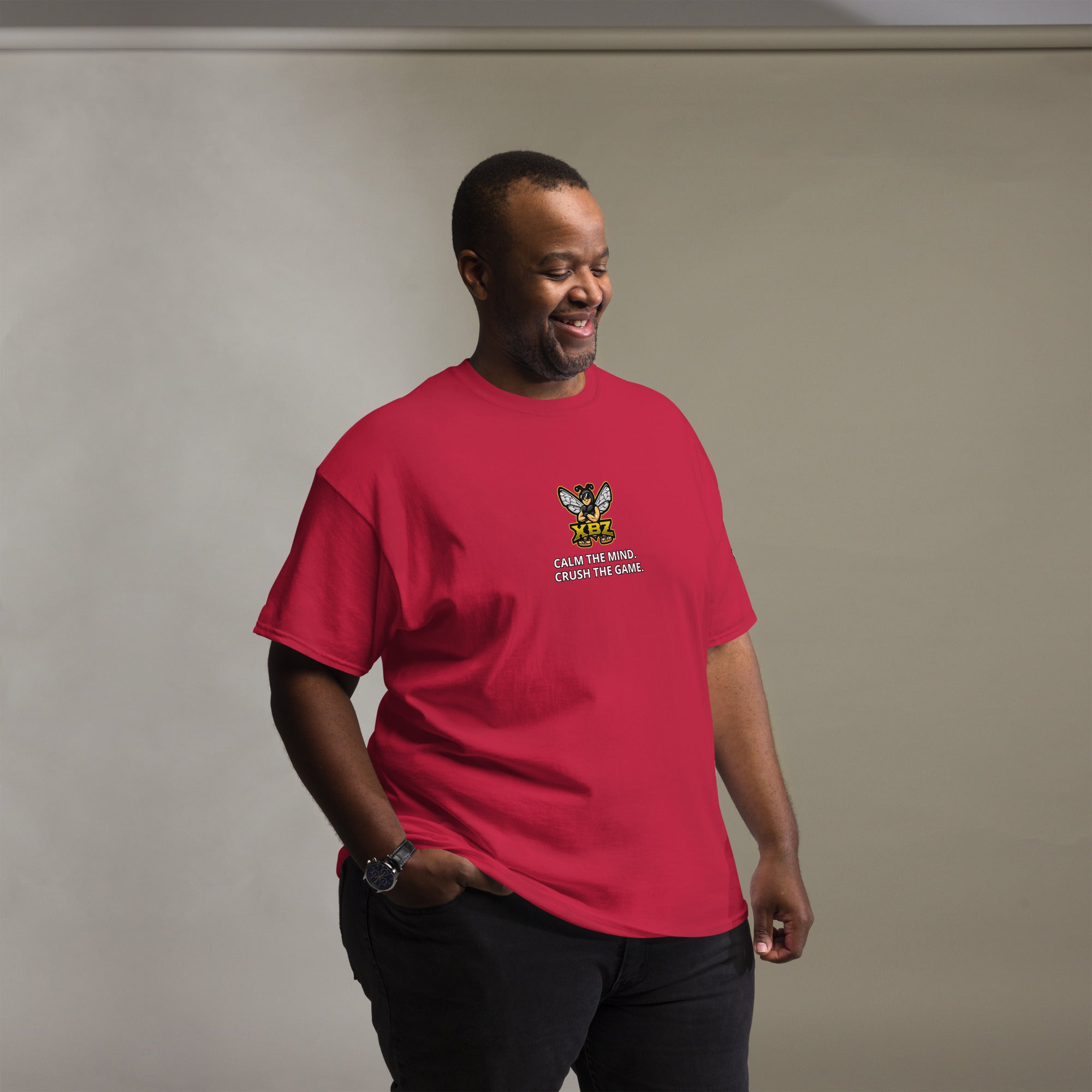 XBZ Calm the Mind. Crush the Game. Tee in cardinal red, front view | XBZ
