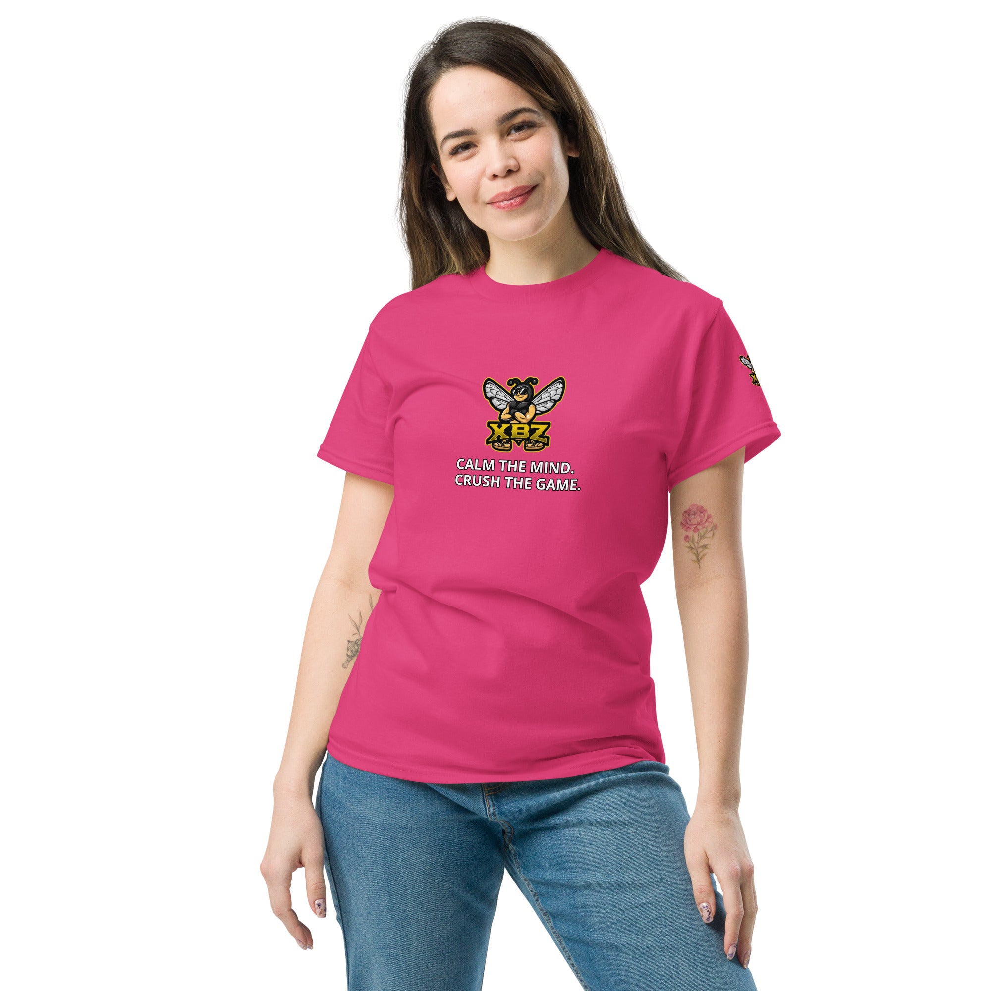 XBZ Calm the Mind. Crush the Game. Tee in heliconia pink, front view | XBZ