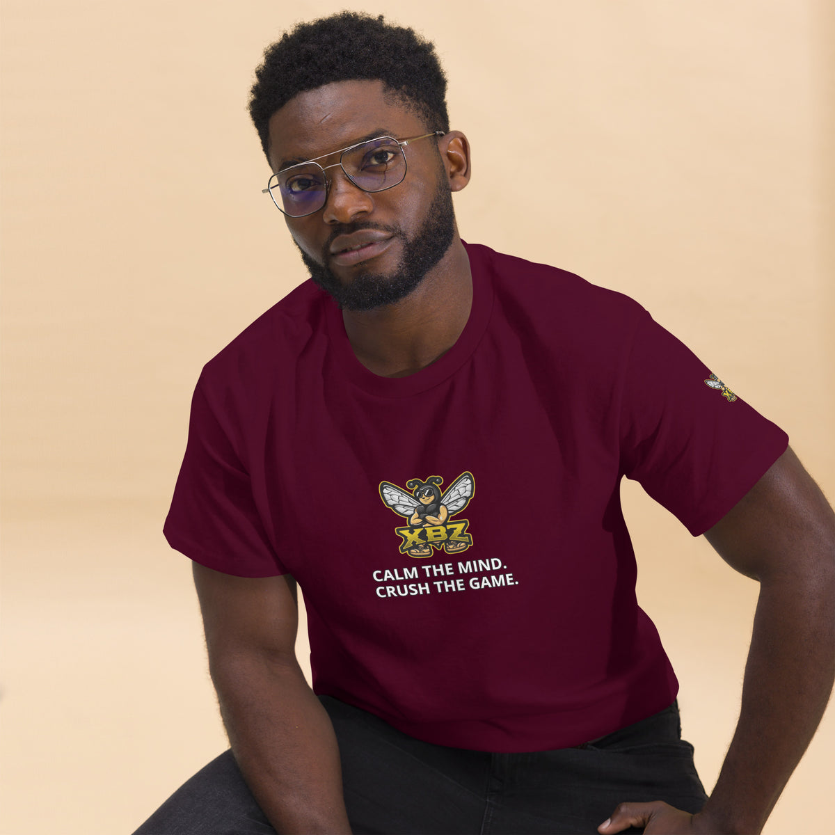 XBZ Calm the Mind. Crush the Game. Tee in maroon, front view | XBZ