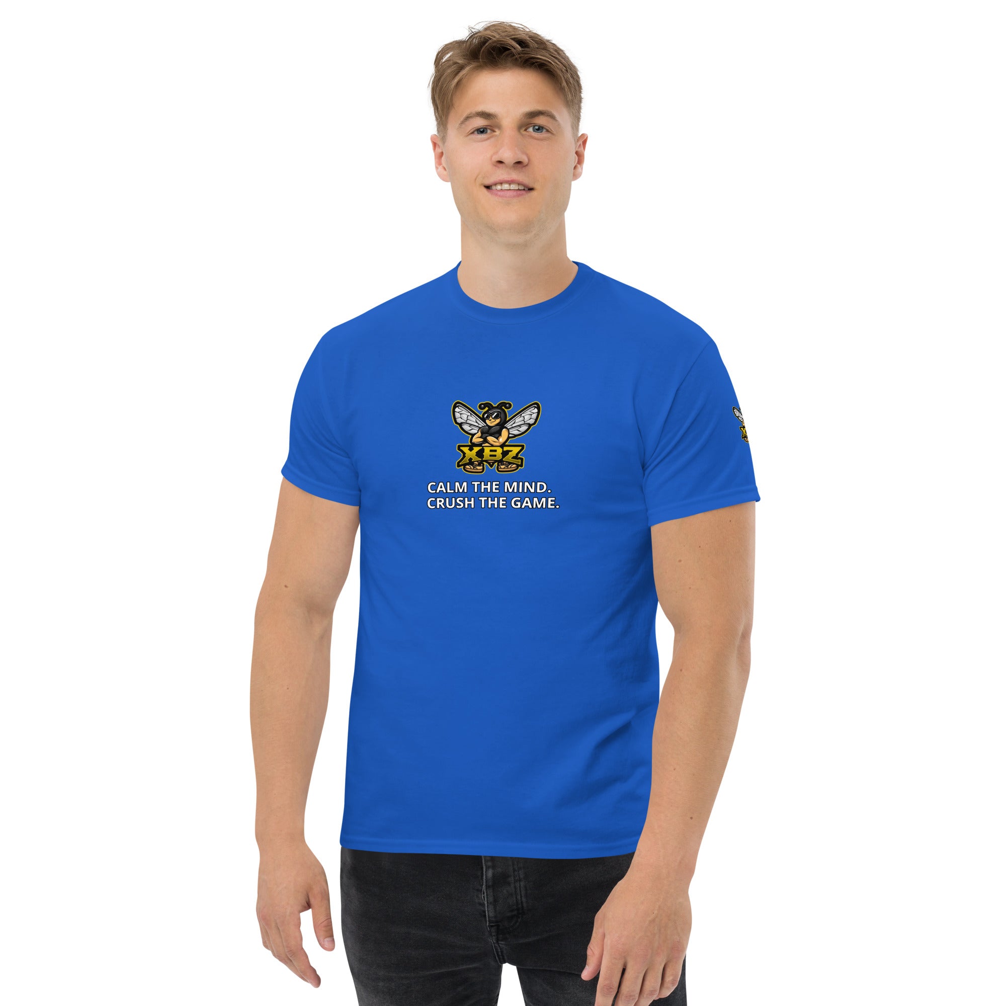 XBZ Calm the Mind. Crush the Game. Tee in royal blue, front view | XBZ