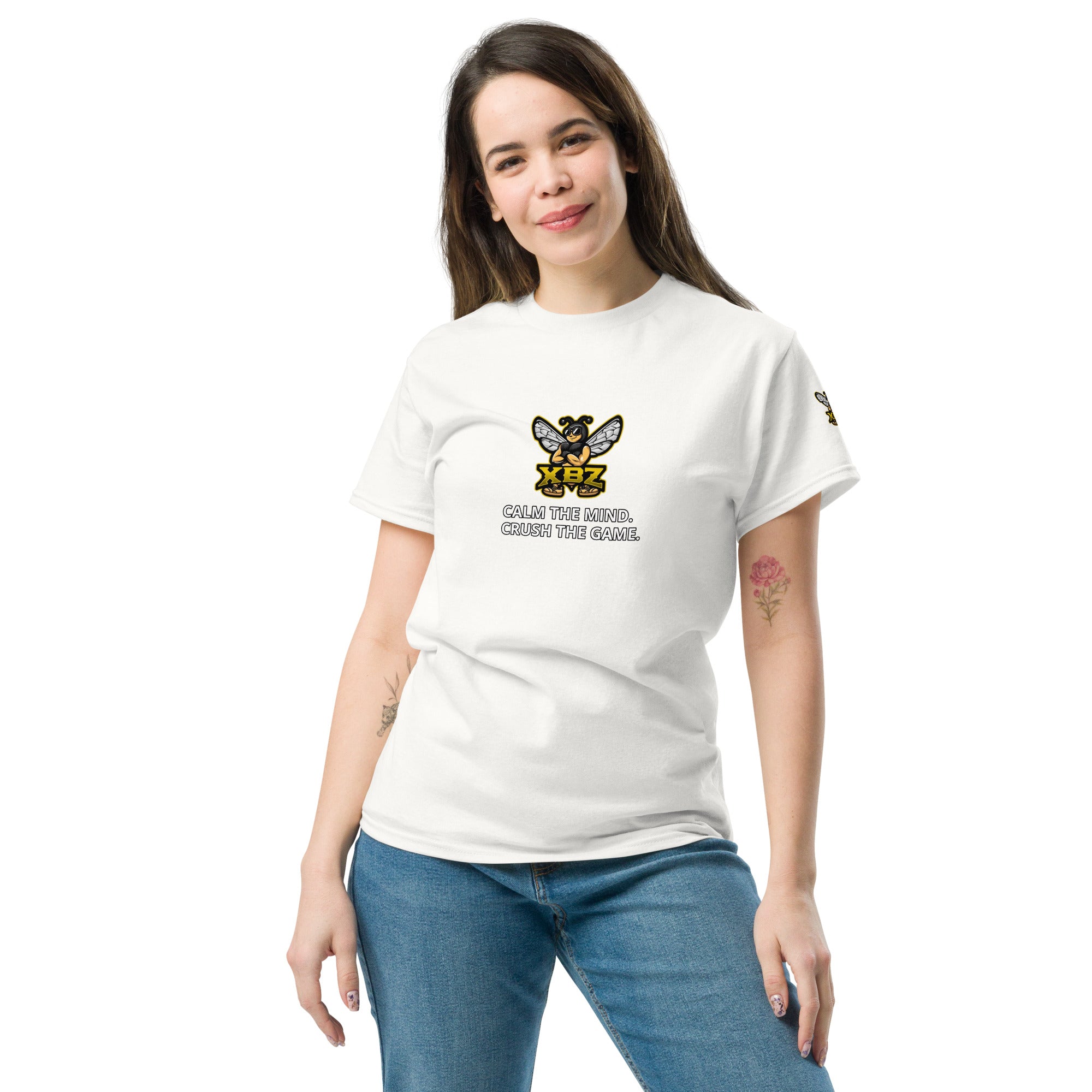 XBZ Calm the Mind. Crush the Game. Tee in white, alternate front view | XBZ