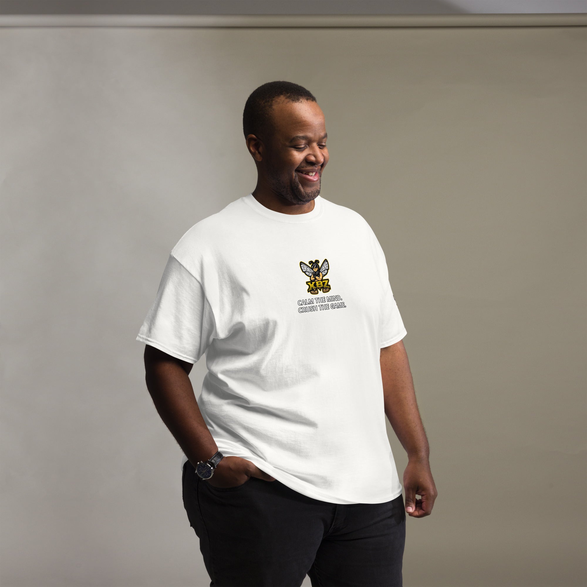 XBZ Calm the Mind. Crush the Game. Tee in white, additional front view | XBZ