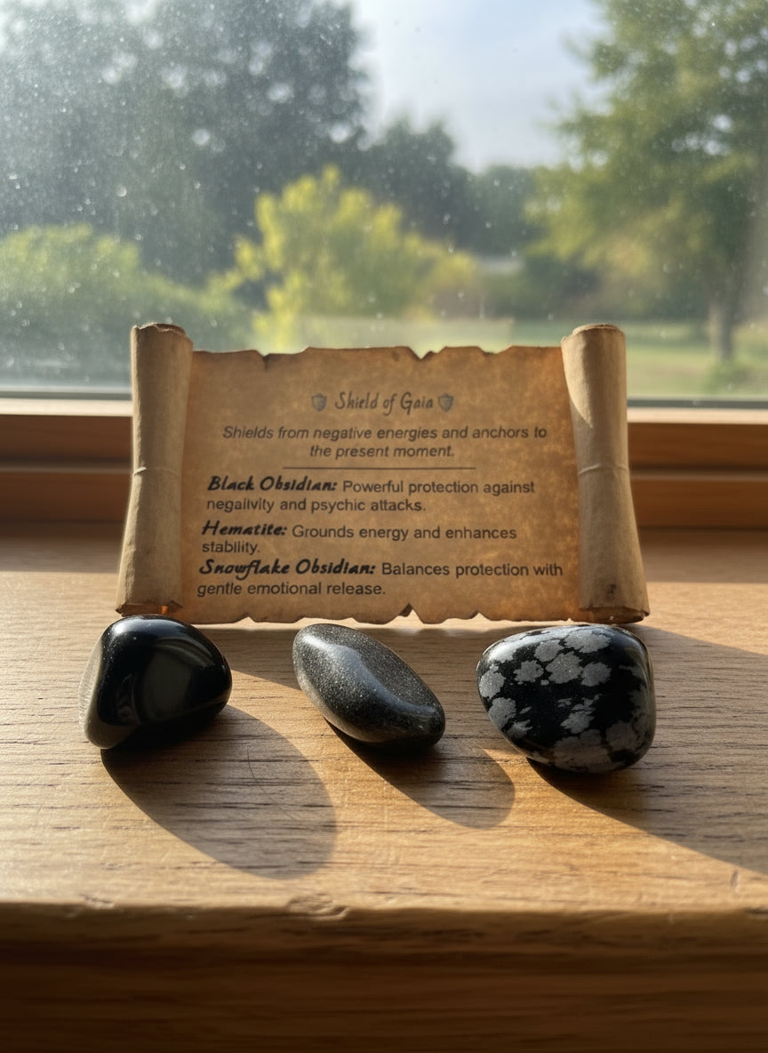 XBZ Crystal Bundle Shield of Gaia with black obsidian, hematite and snowflake obsidian