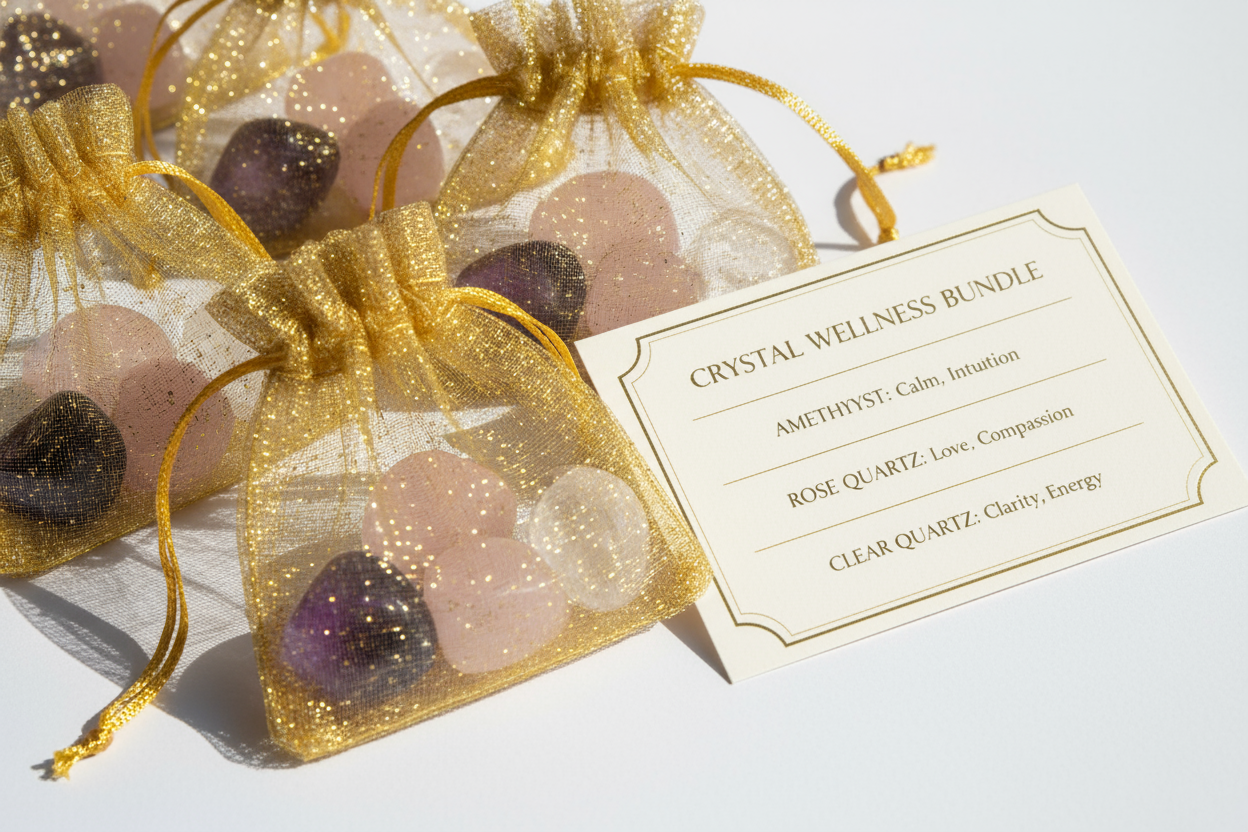 XBZ Crystal Bundles in gold mesh gift bags