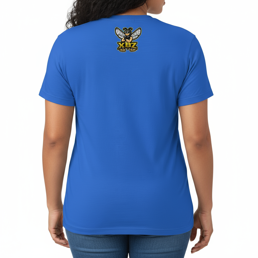 Woman wearing Women's XBZ Garden softstyle t-shirt in light blue, back view
