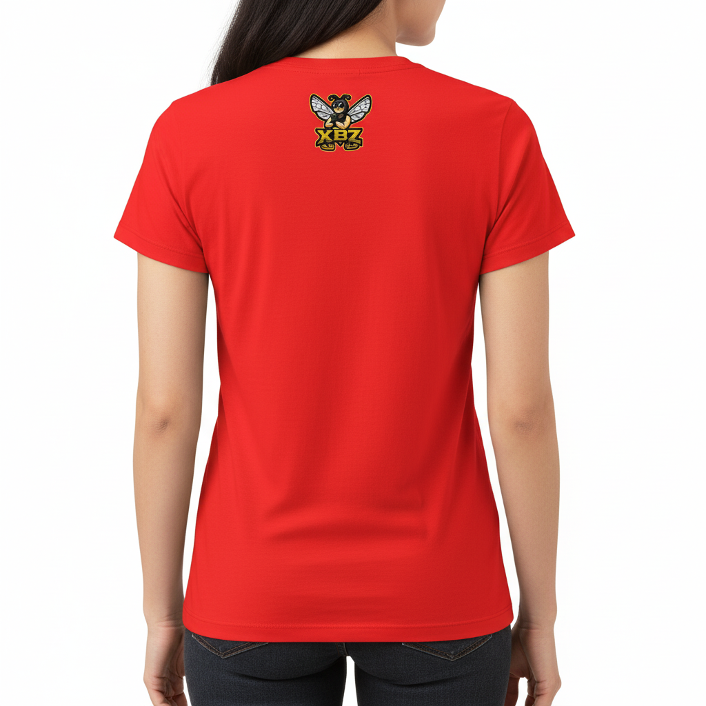 Woman wearing Women's XBZ Garden softstyle t-shirt in red, back view