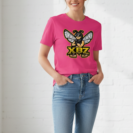 XBZ Logo women's softstyle t-shirt in heliconia pink, close-up front view