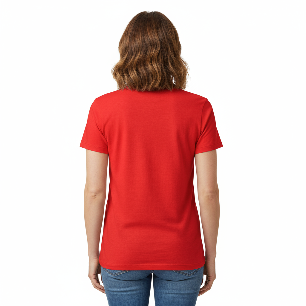 Woman wearing XBZ Logo women's softstyle t-shirt in orange, back view