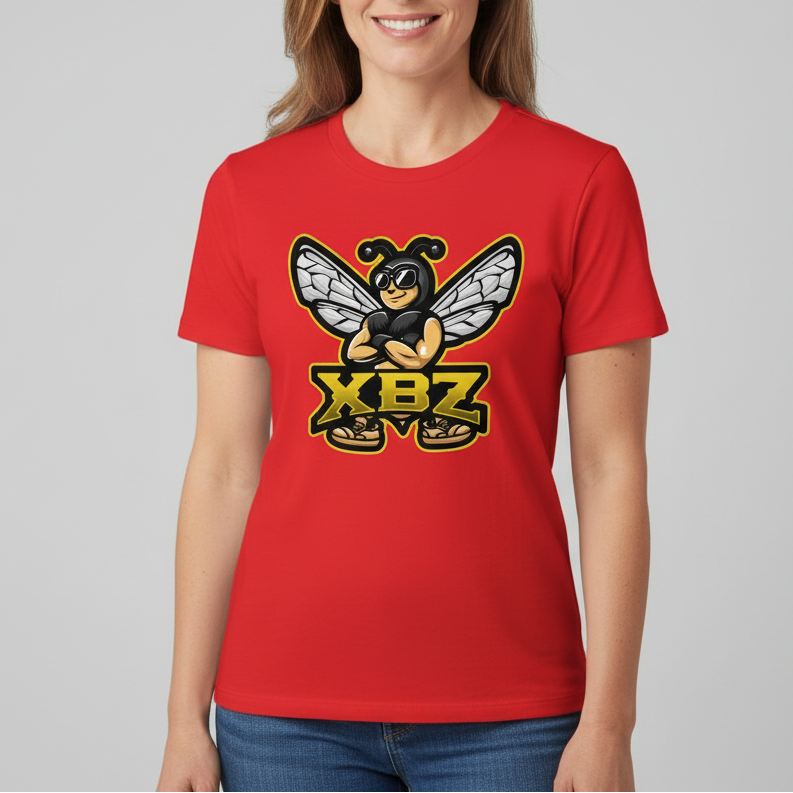 Woman wearing XBZ Logo women's softstyle t-shirt in orange, front view