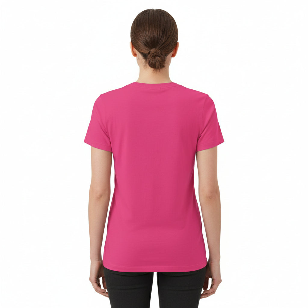 Woman wearing XBZ Logo women's softstyle t-shirt in pink, back view
