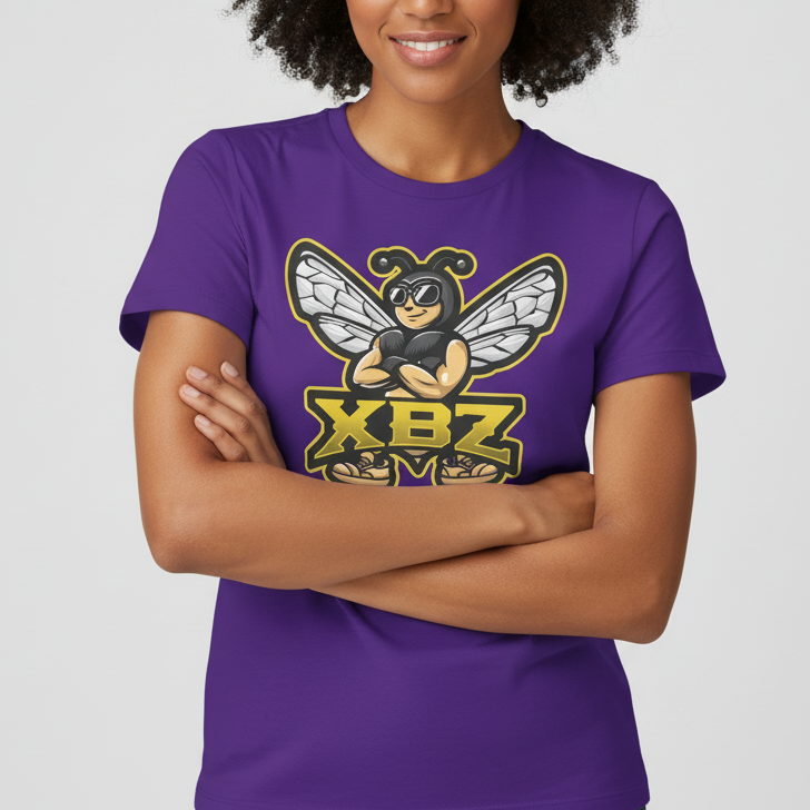 Woman wearing XBZ Logo women's softstyle t-shirt in purple, front view