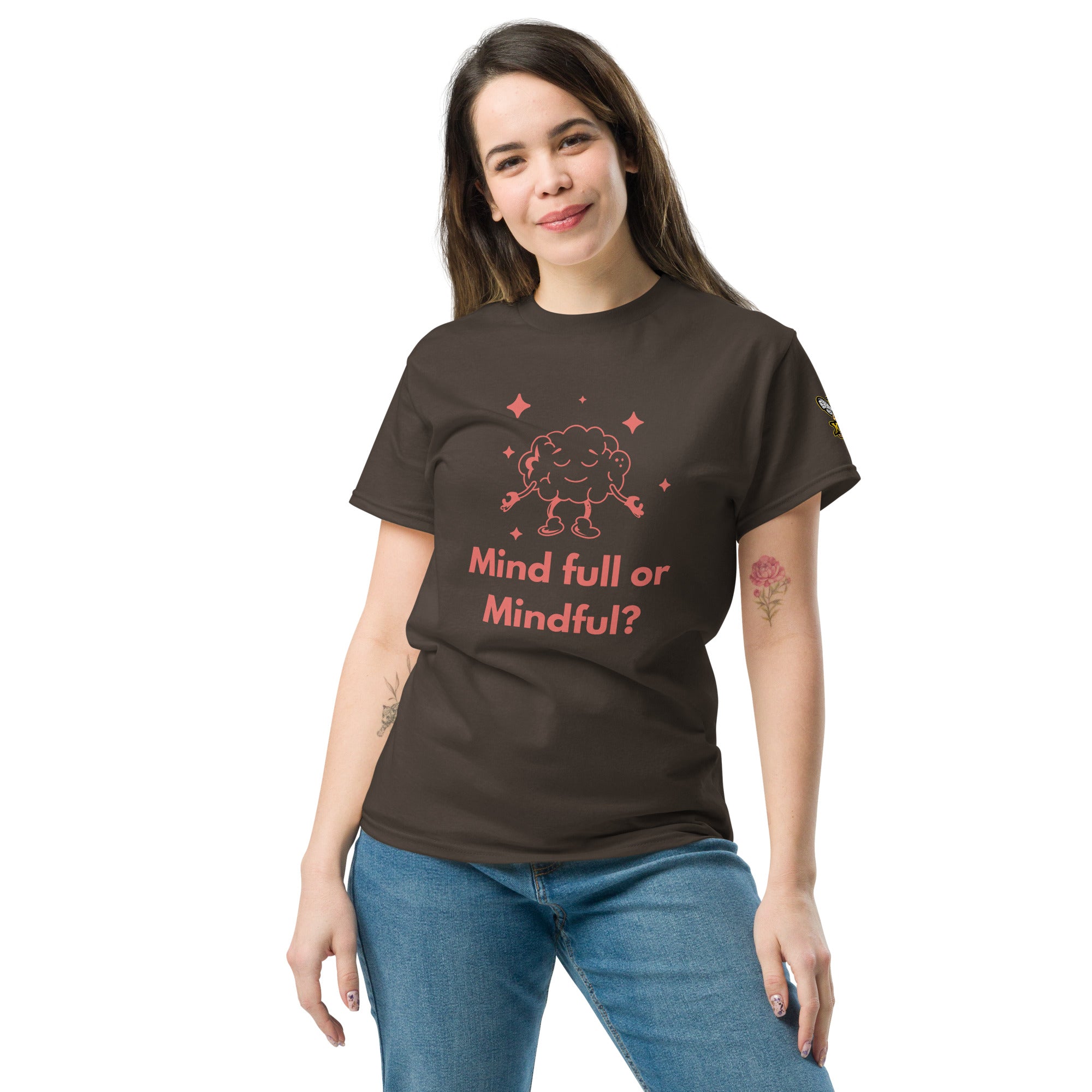 Mind Full or Mindful XBZ Tee in dark chocolate, front view | XBZ