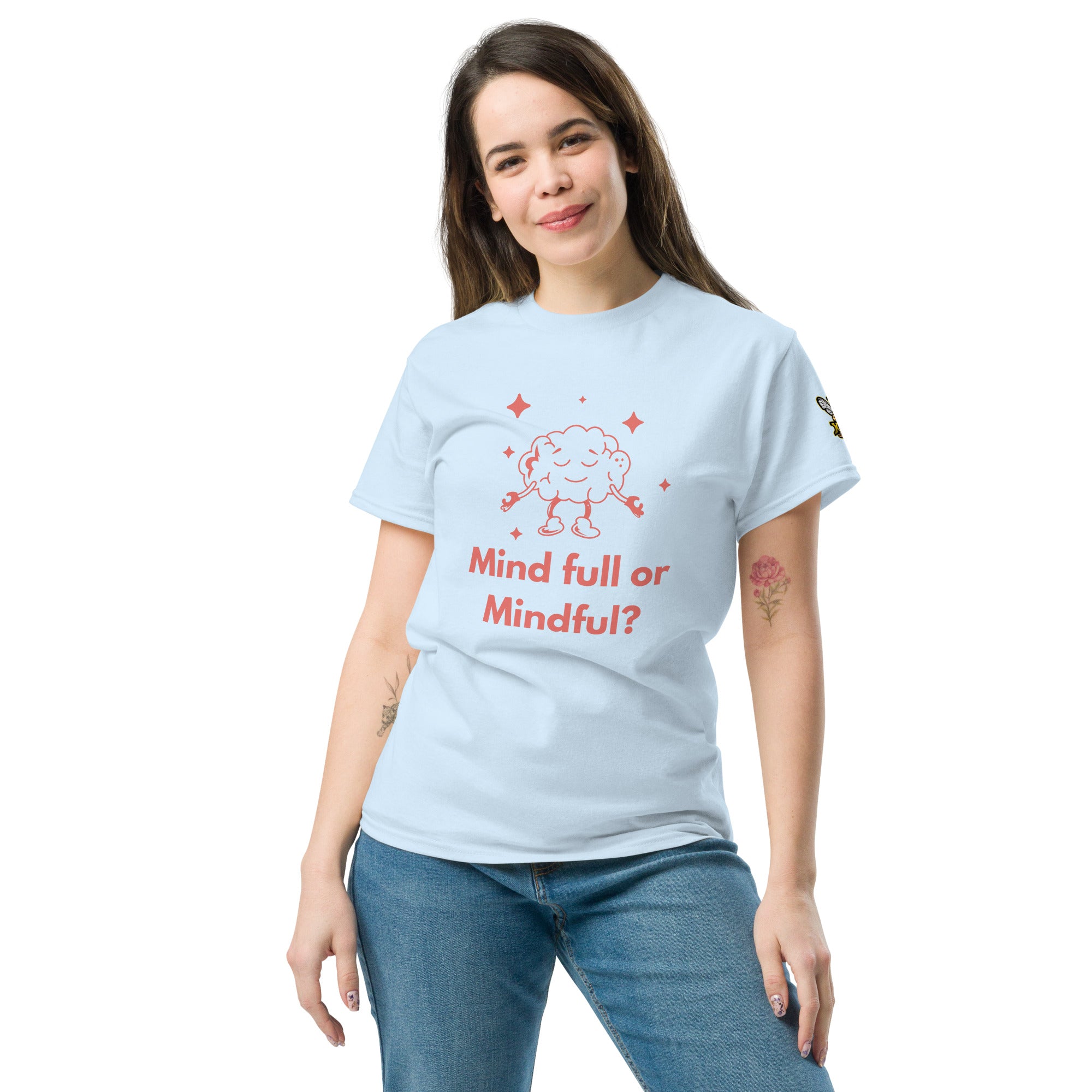 Mind Full or Mindful XBZ Tee in light blue, front view | XBZ