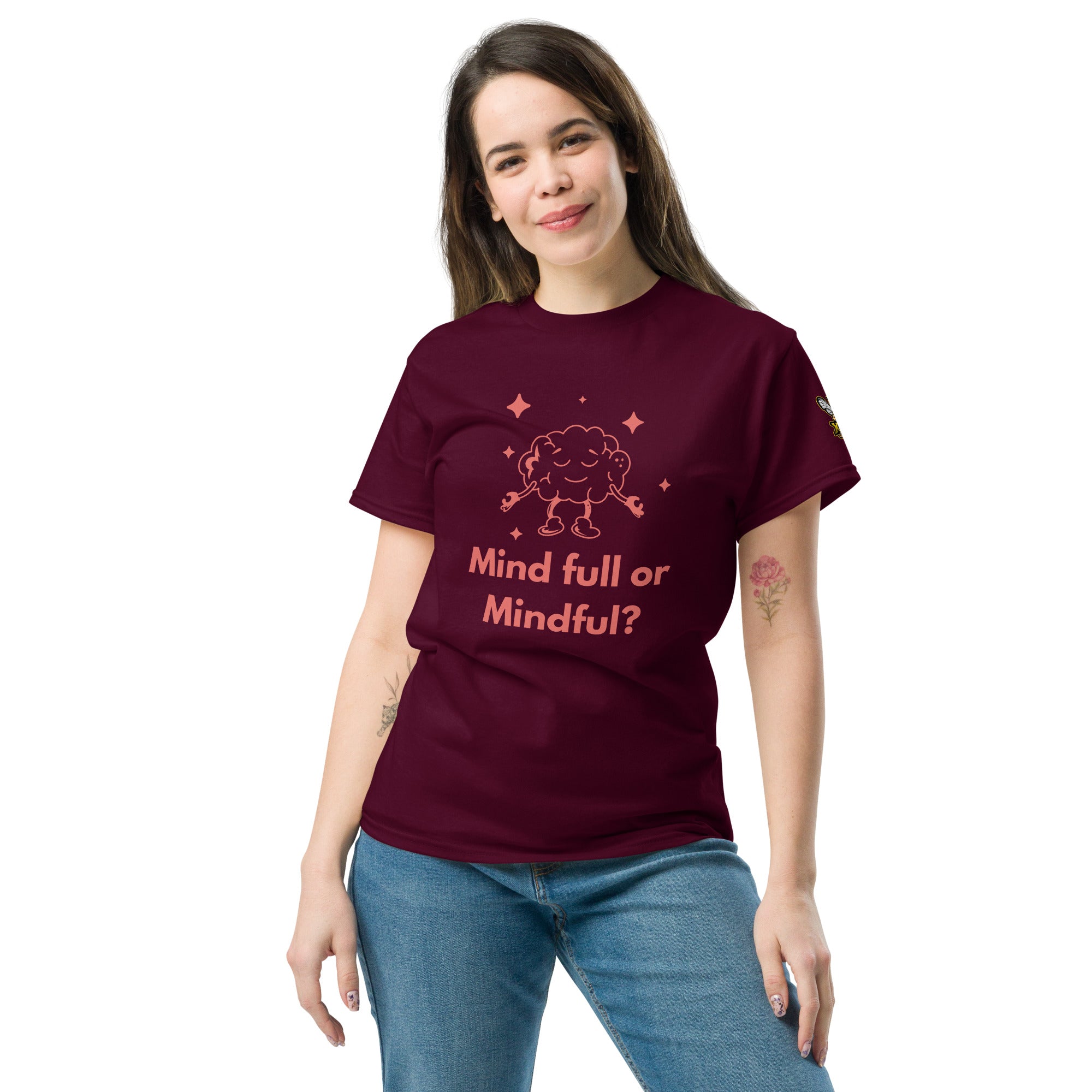 Mind Full or Mindful XBZ Tee in maroon, alternate front view | XBZ