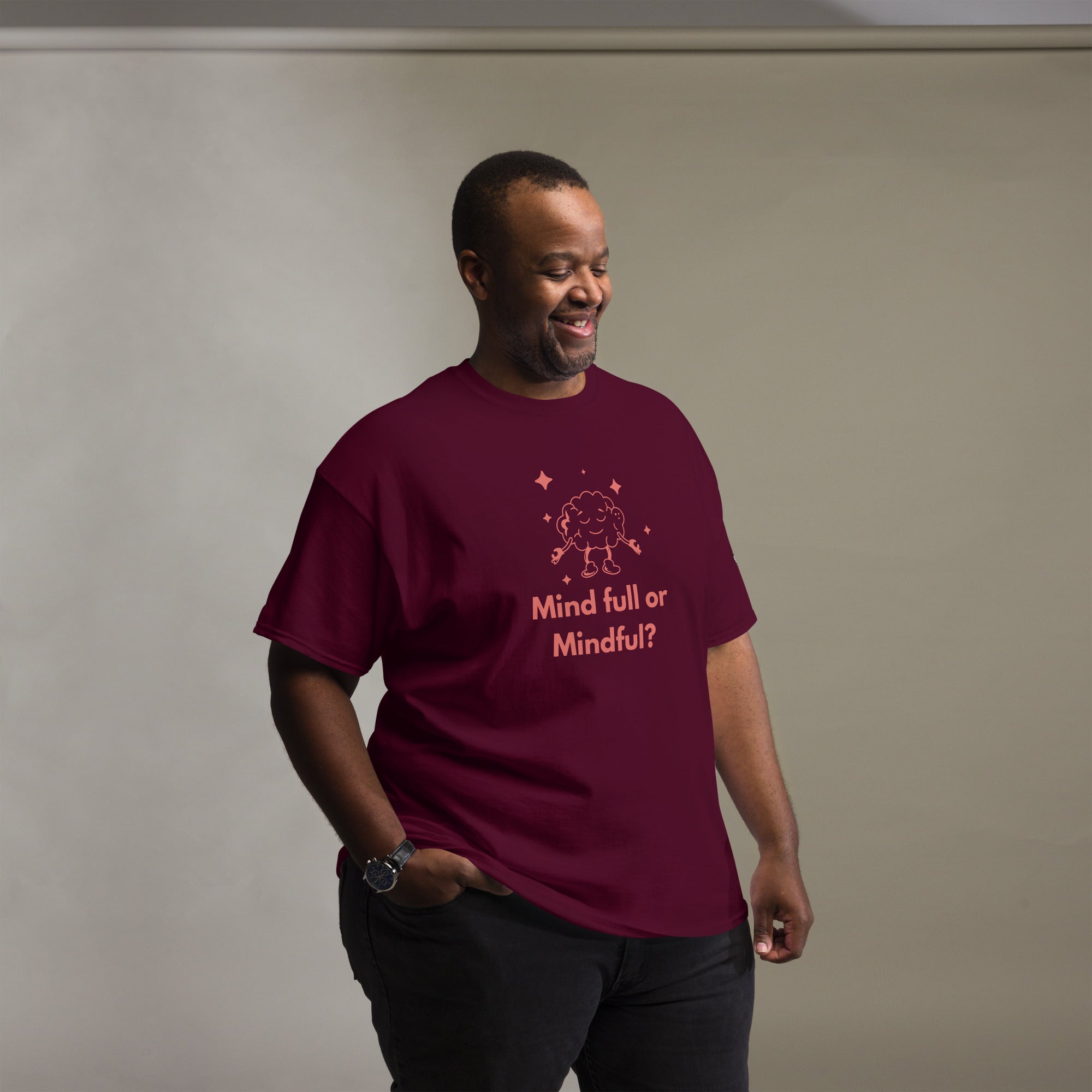 Mind Full or Mindful XBZ Tee in maroon, additional front view | XBZ