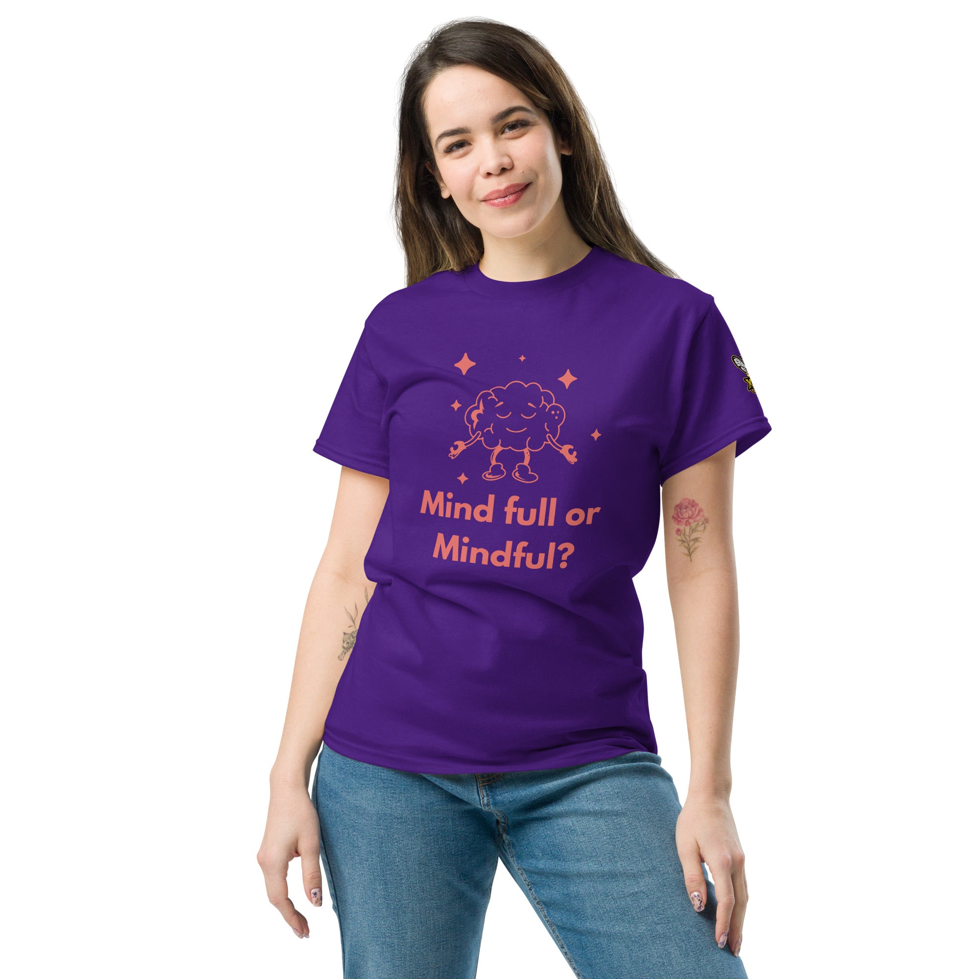 Mind Full or Mindful XBZ Tee in purple, front view | XBZ