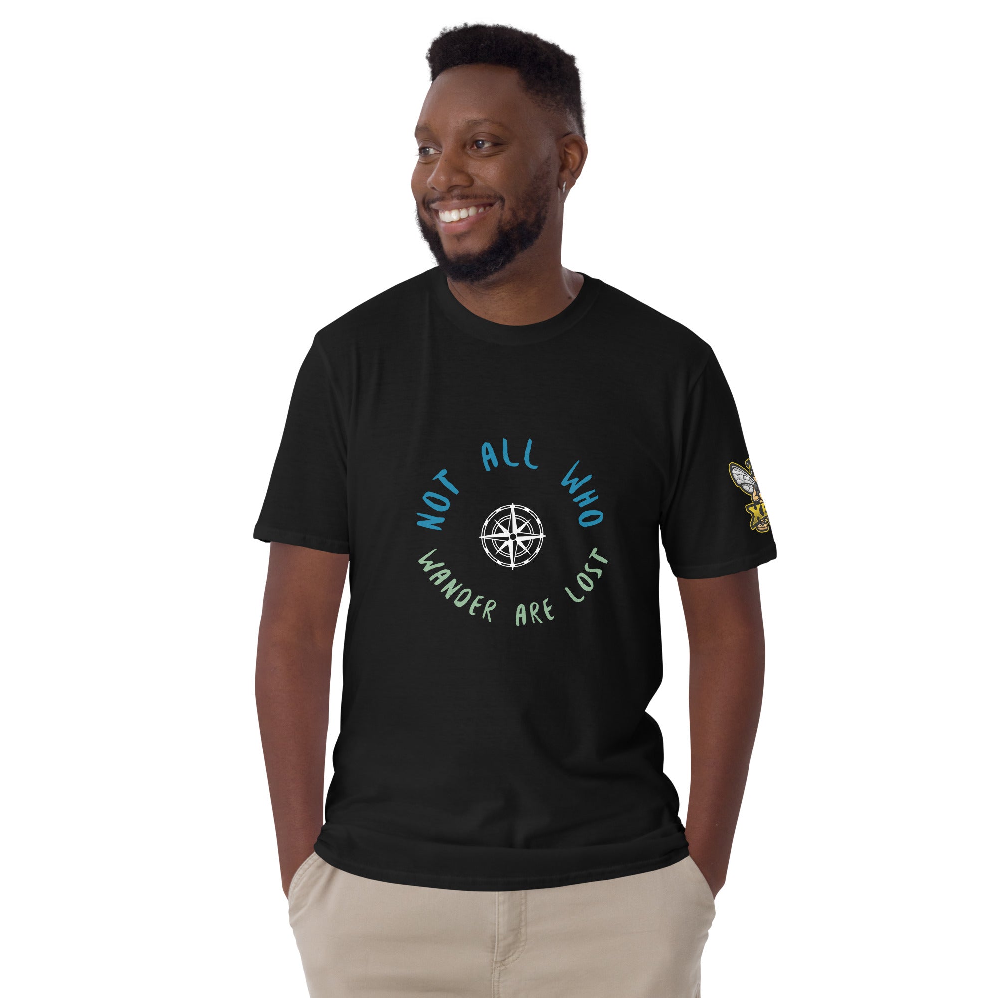 Not All Who Wander Are Lost XBZ Essential Tee in black, additional front view | XBZ