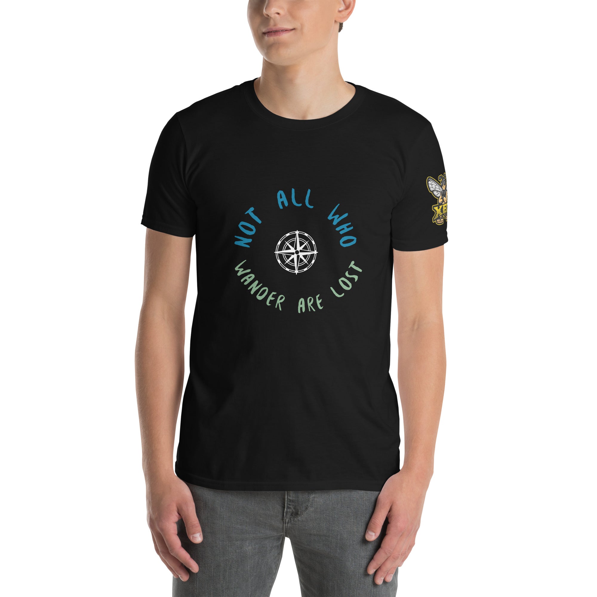 Not All Who Wander Are Lost XBZ Essential Tee in black, alternate front view | XBZ