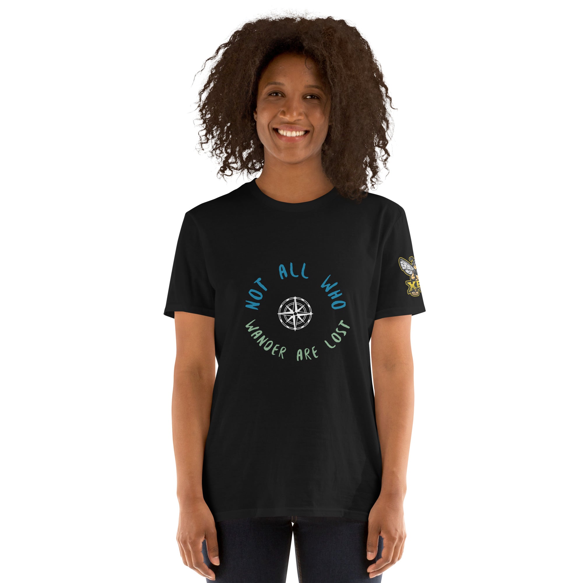 Not All Who Wander Are Lost XBZ Essential Tee in black, close-up front view | XBZ