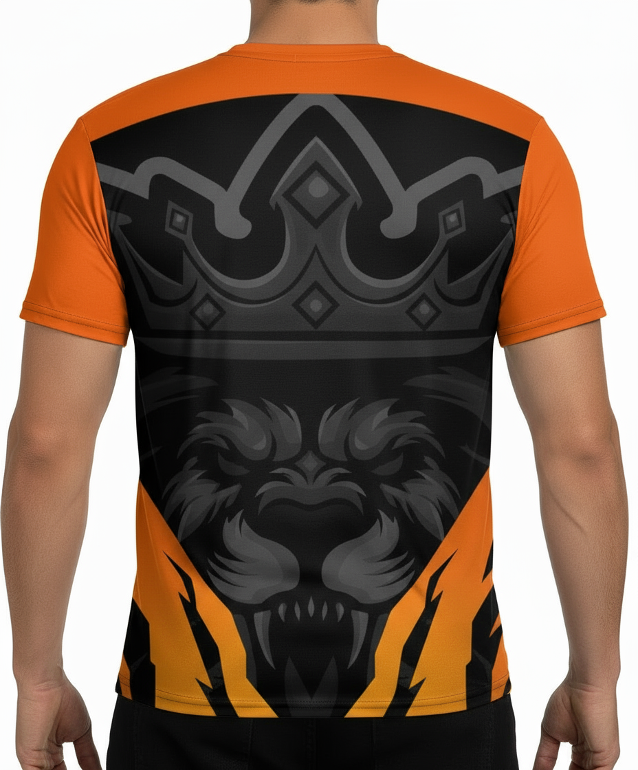 Back view of Reign Dri-Fit performance shirt in orange and black with tiger design