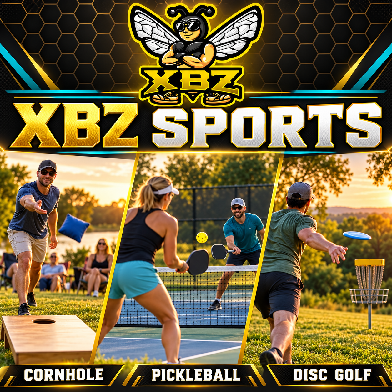 XBZ Sports featuring people playing cornhole, pickleball, and disc golf.