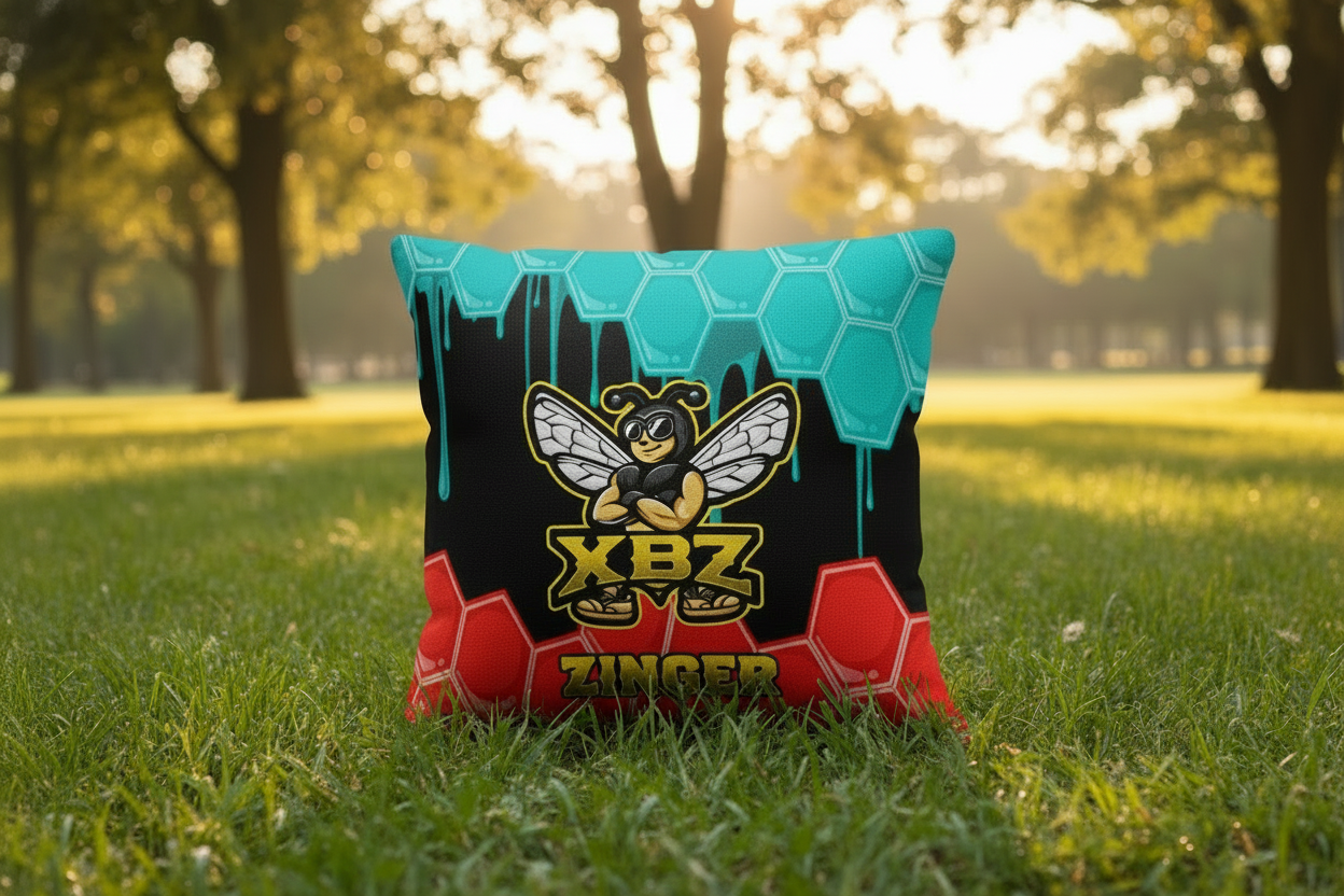 XBZ Zinger cornhole bag in hex red, white and blue