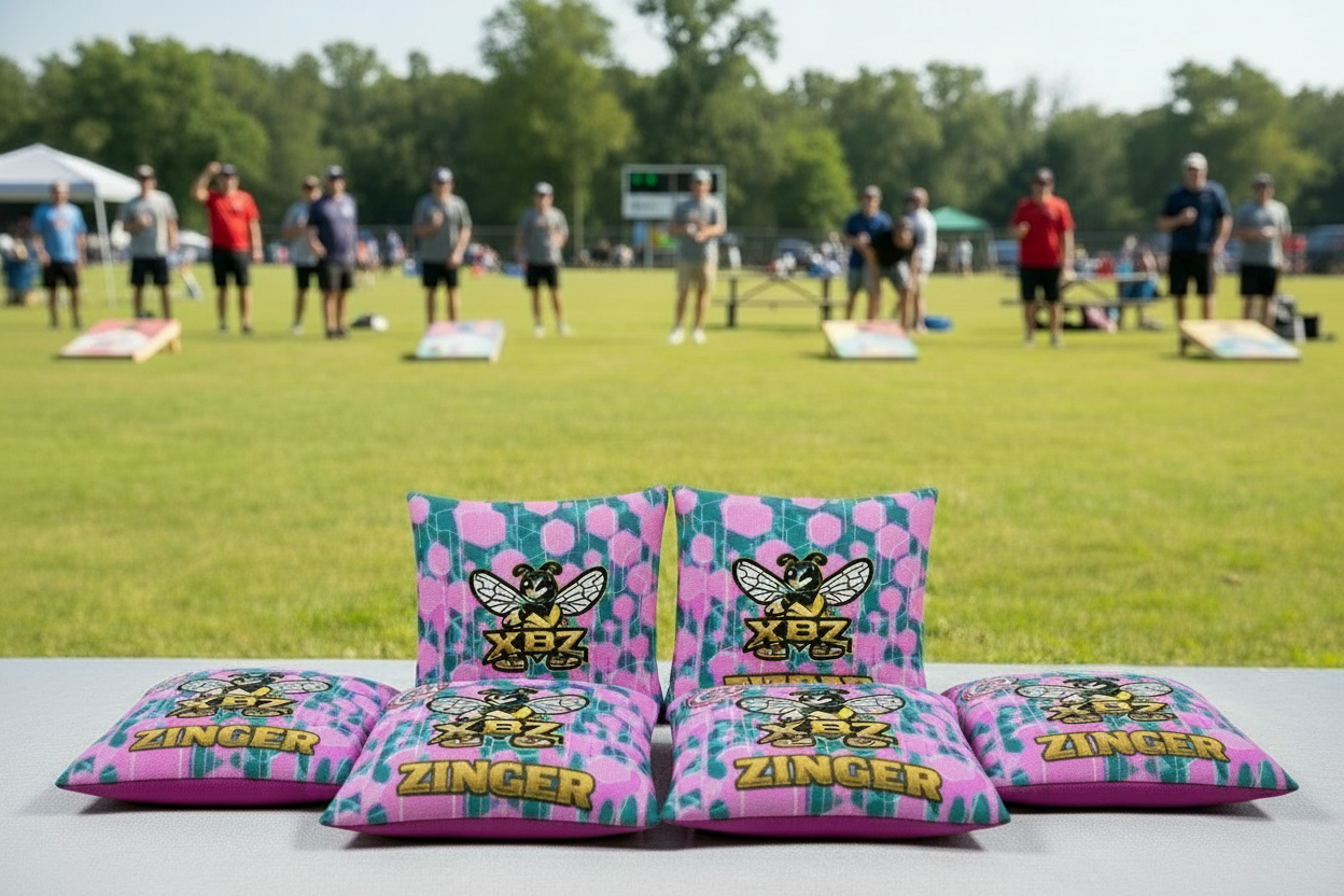 XBZ Zinger cornhole bag in drip pink and light blue