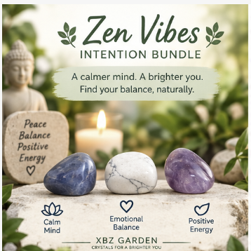 Zen Vibes Intention Bundle promotional graphic showing three polished stones in blue, white, and purple arranged on a stone surface with a lit candle and blurred garden background. Text reads 'Zen Vibes INTENTION BUNDLE' and 'A calmer mind.