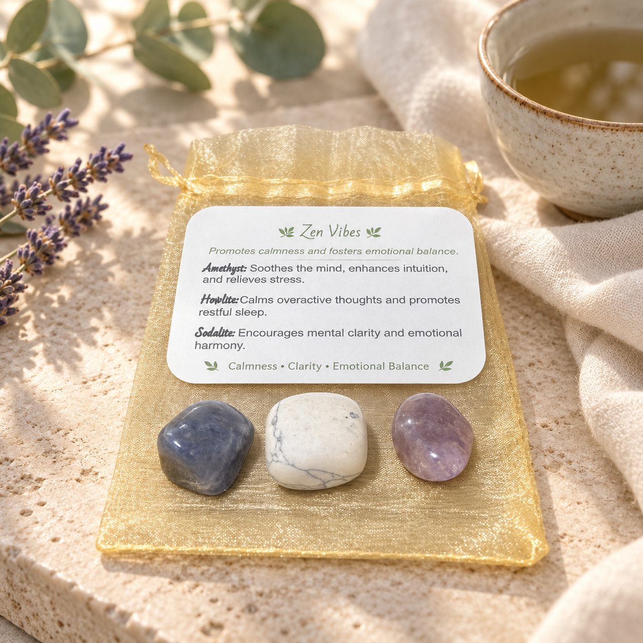 Three polished gemstones in blue, white, and purple are arranged on a gold mesh pouch with a printed card labeled 'Zen Vibes,' styled on a stone surface with a cup of tea and lavender in the background.