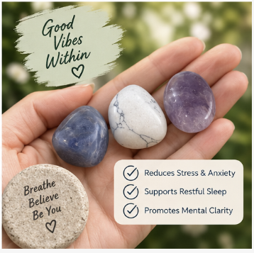 A hand holding four polished tumbled stones in blue, white with gray veining, and purple, alongside a small engraved stone. Text overlays read 'Good Vibes Within', 'Breathe Believe Be You', and benefits about stress, sleep, and mental clarity.