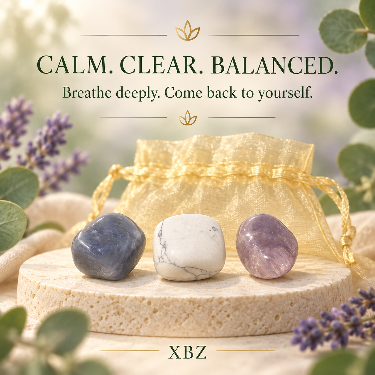 Three polished crystal stones in blue, white, and purple are arranged on a round stone pedestal in front of a sheer gold drawstring pouch. The scene is styled with eucalyptus leaves and lavender flowers, with the text 'CALM.