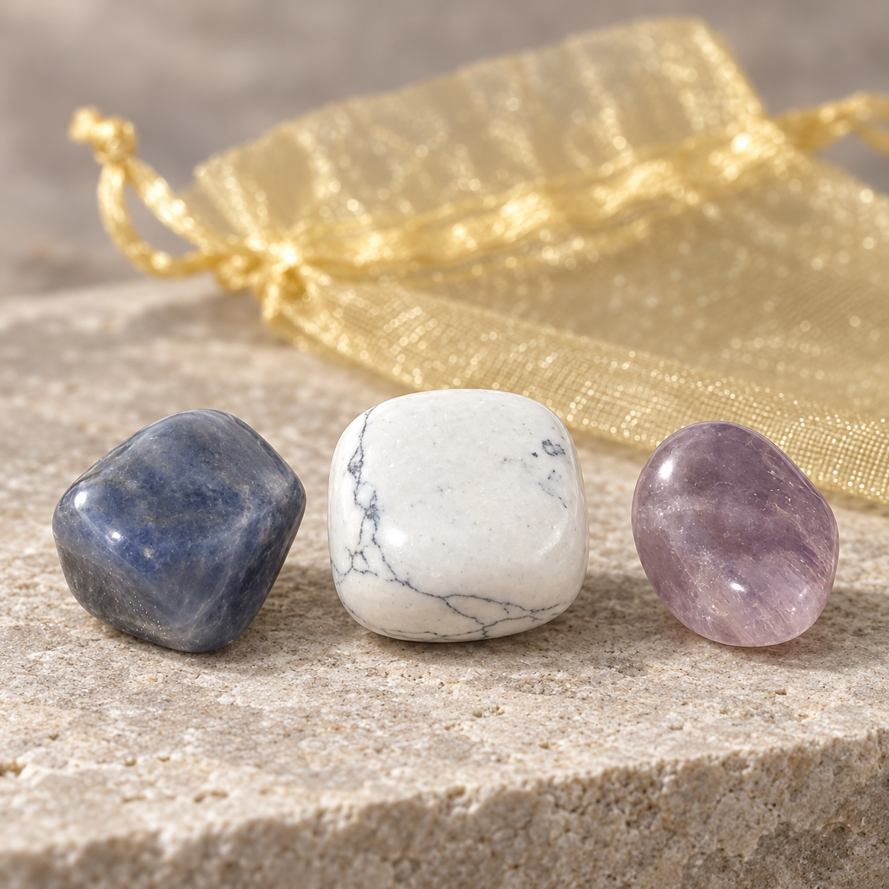 Three polished tumbled stones in blue, white with gray veining, and purple, arranged on a stone surface with a gold mesh drawstring pouch behind them.