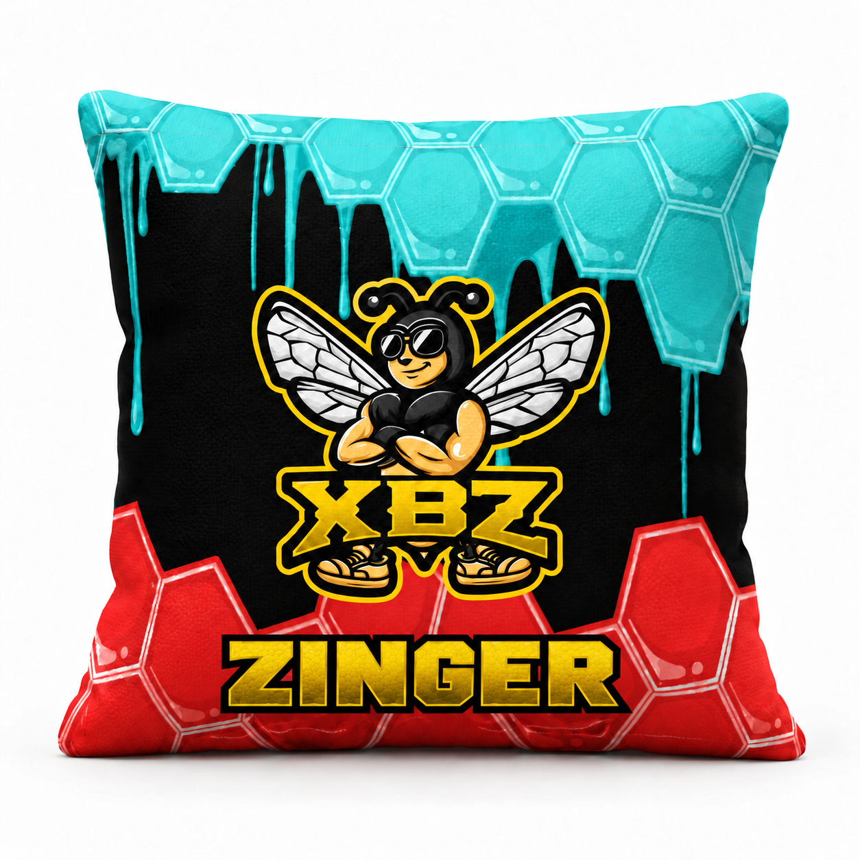 xbz zinger cornhole bag with xbz bee logo, black, aqua and red