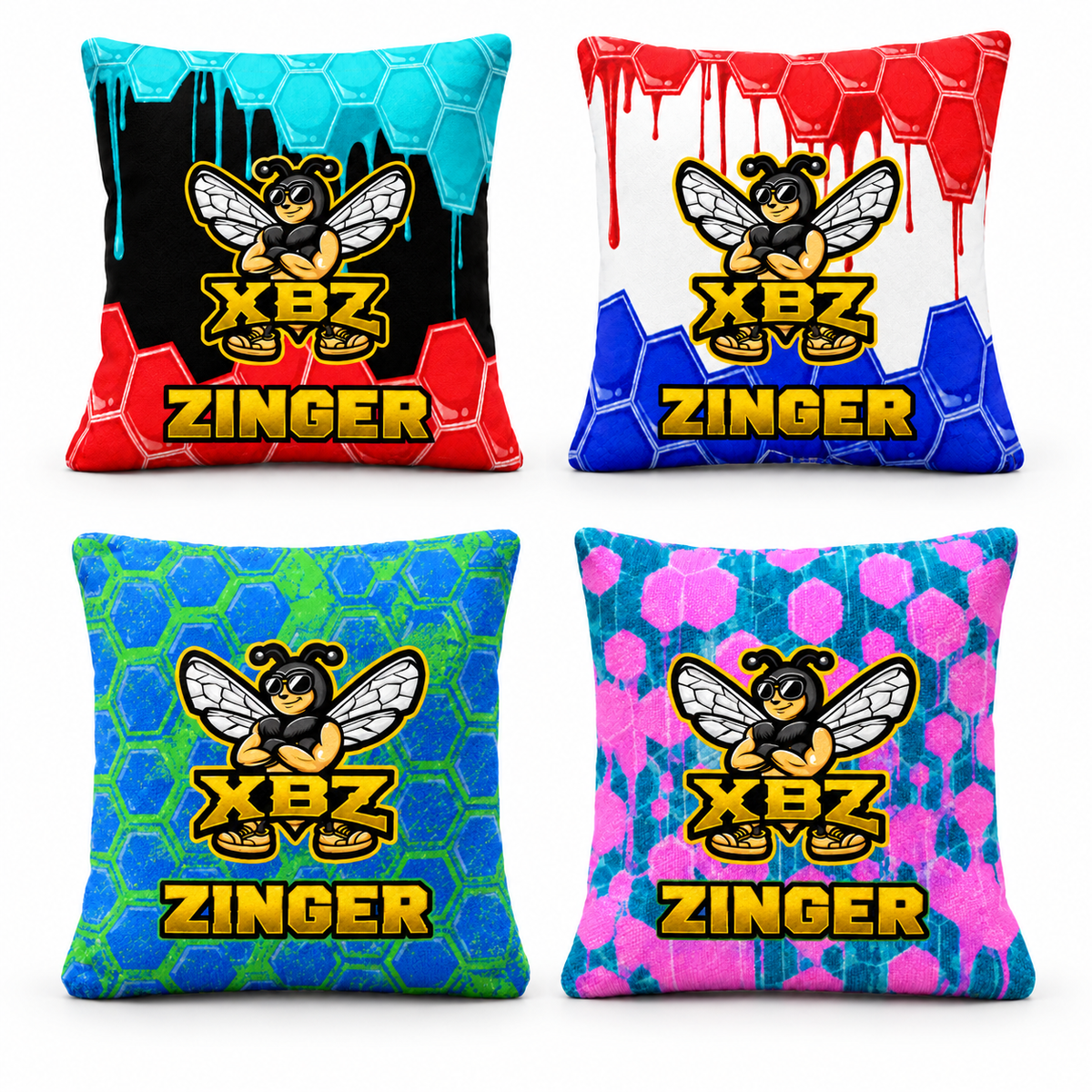 zbz zinger cornhole bags color sets, red, black, aqua, green, blue and pink