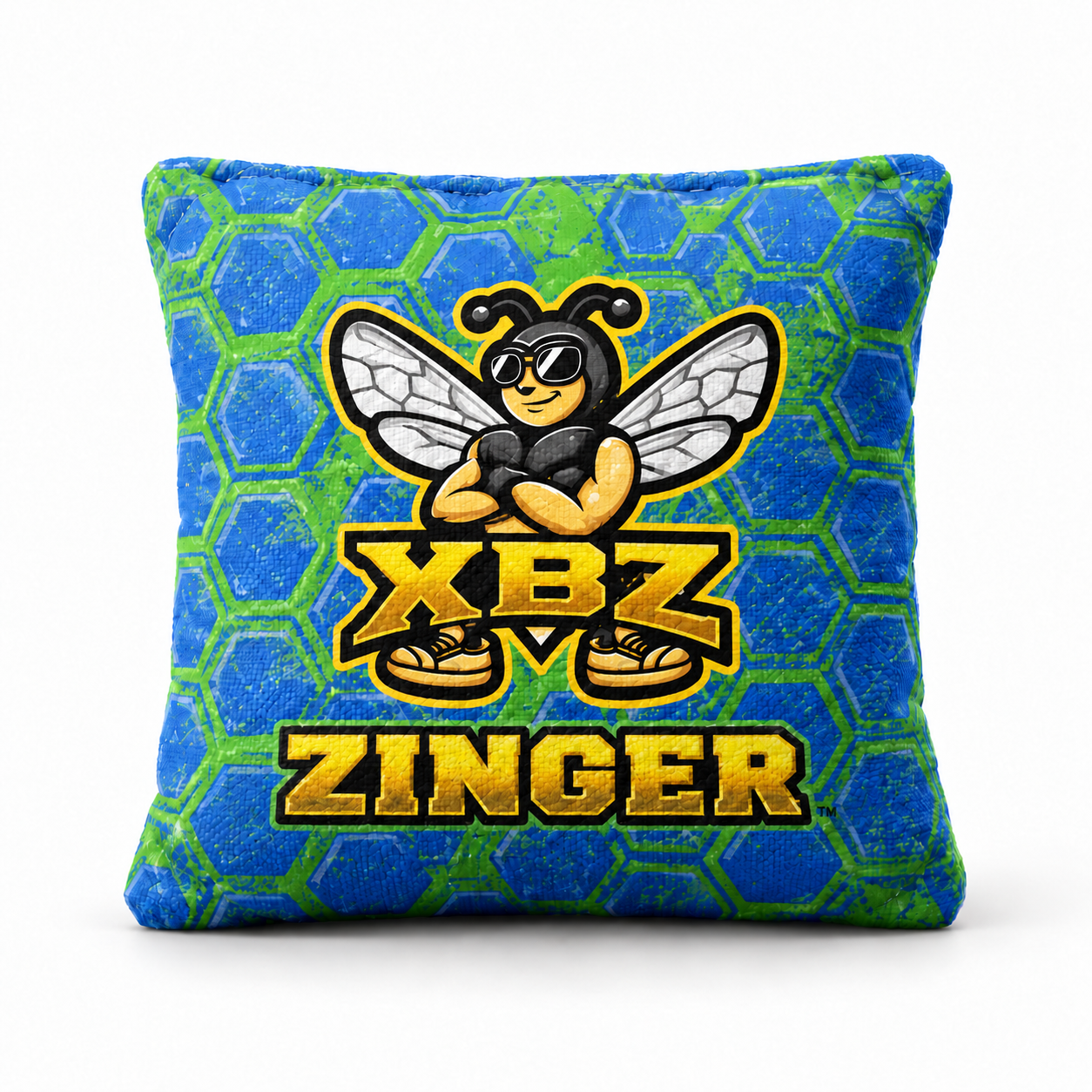 xbz zinger cornhole bag with xbz bee logo, blue and green